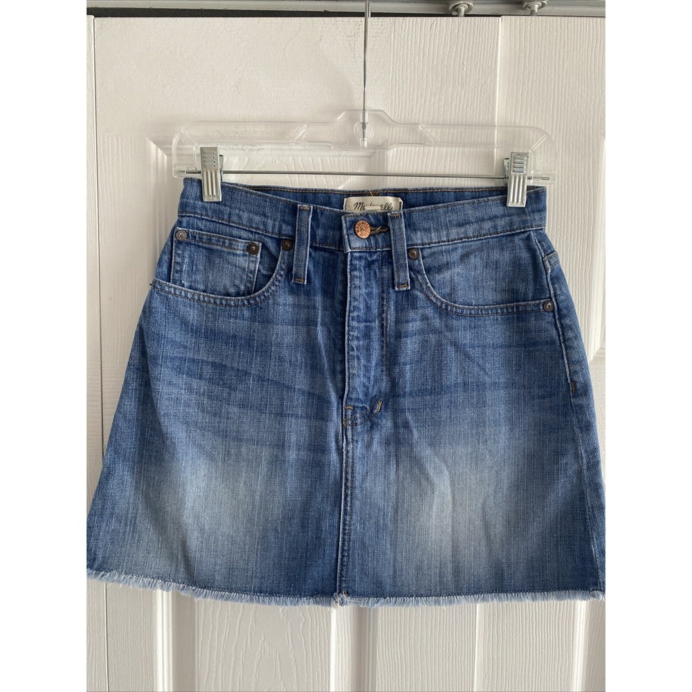 Madewell High Rise Denim Mini Skirt Womens Size 24 Blue Raw Hem Frayed Cotton